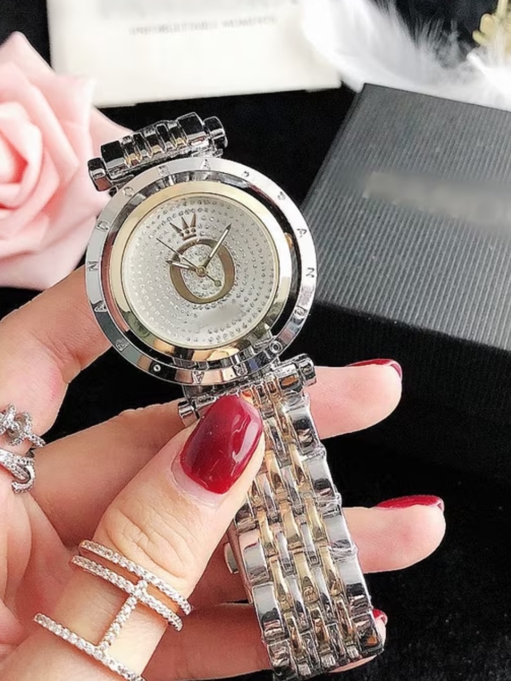Pandora Silver Women's Crystal Dial Bracelet Watch with Red Accents